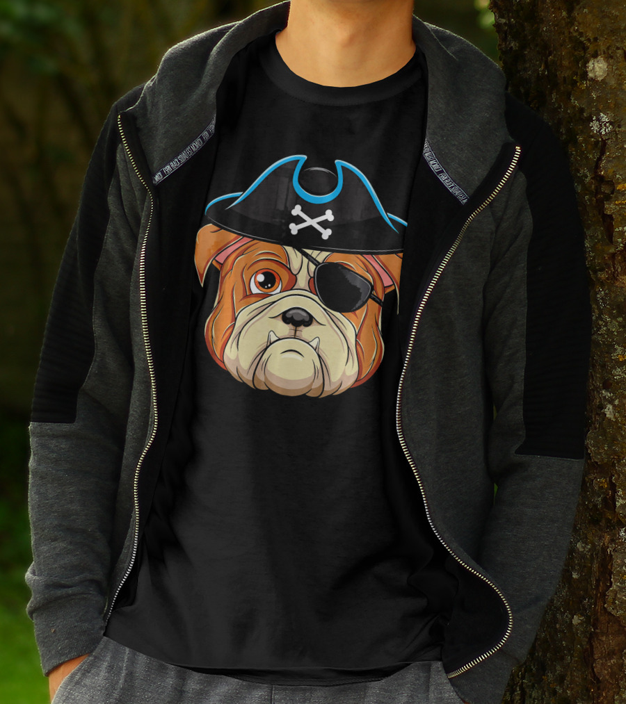 English Bulldog Pirate Hat Eye Patch Skull Crossbones T-Shirt