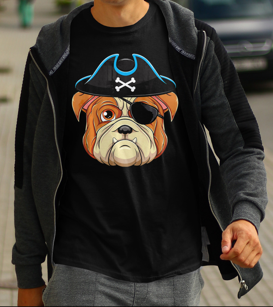 English Bulldog Pirate Hat Eye Patch Skull Crossbones T-Shirt