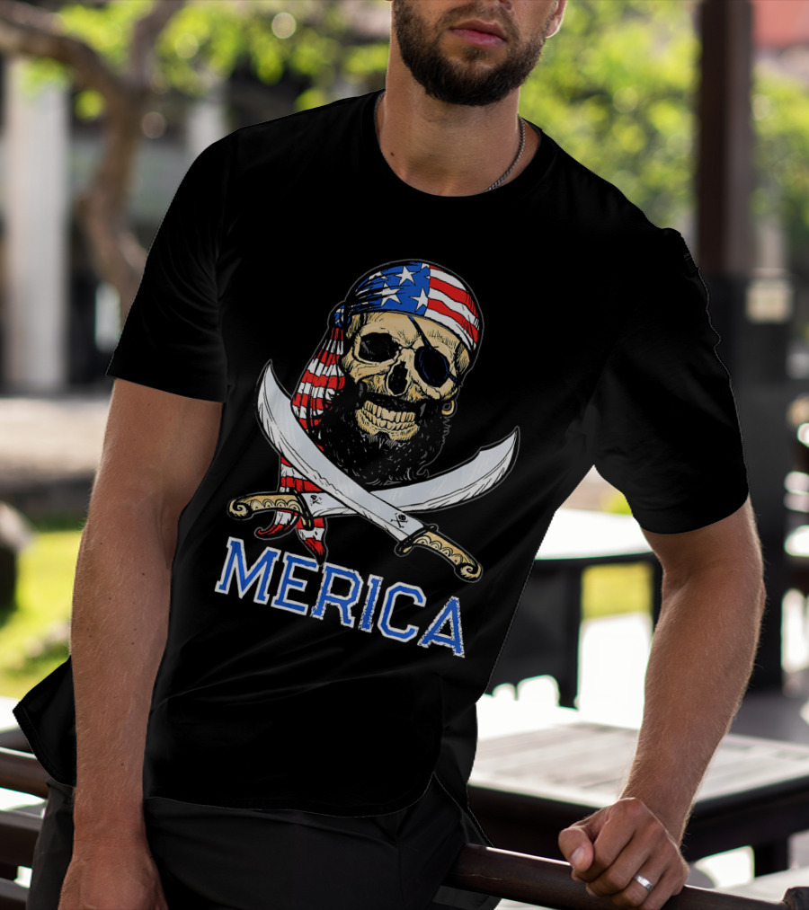 MERICA Bearded Pirate Skull With American Flag Bandana And Crossed Swords T-Shirt