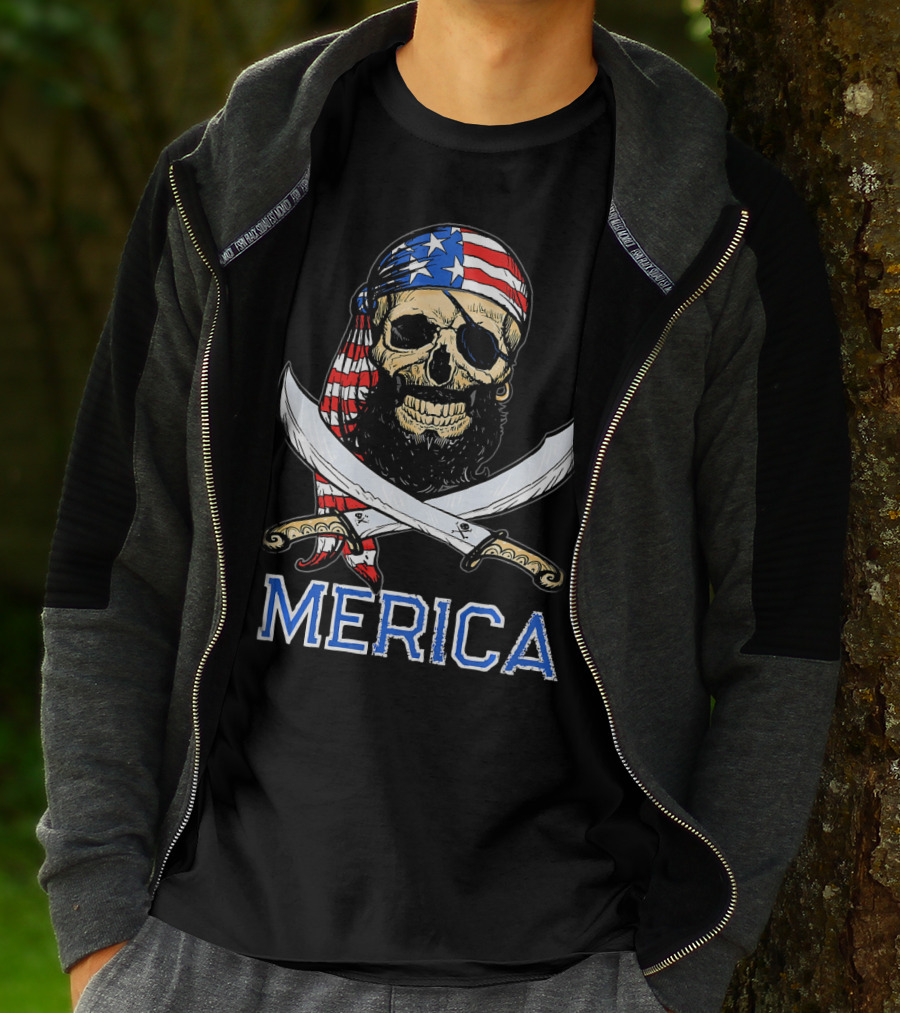 MERICA Bearded Pirate Skull With American Flag Bandana And Crossed Swords T-Shirt