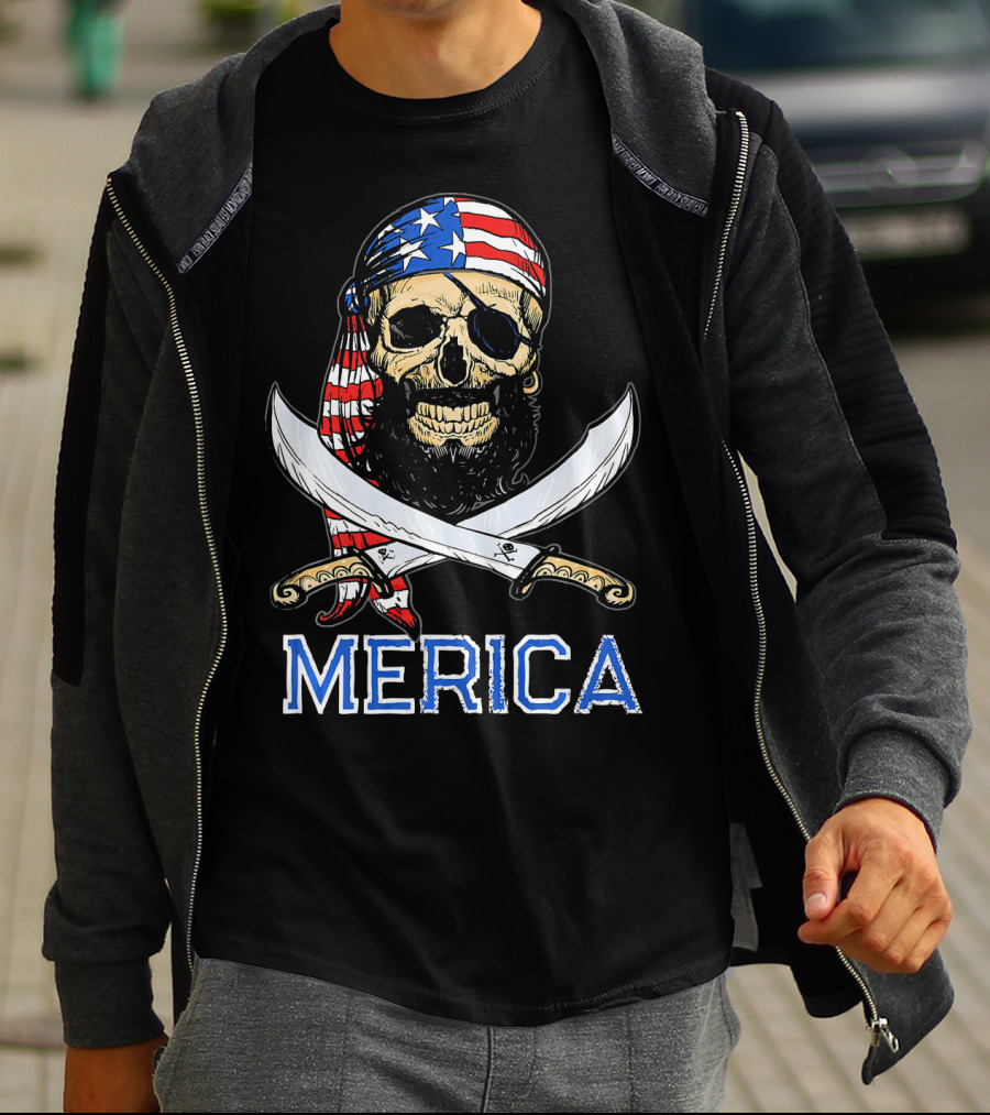 MERICA Bearded Pirate Skull With American Flag Bandana And Crossed Swords T-Shirt