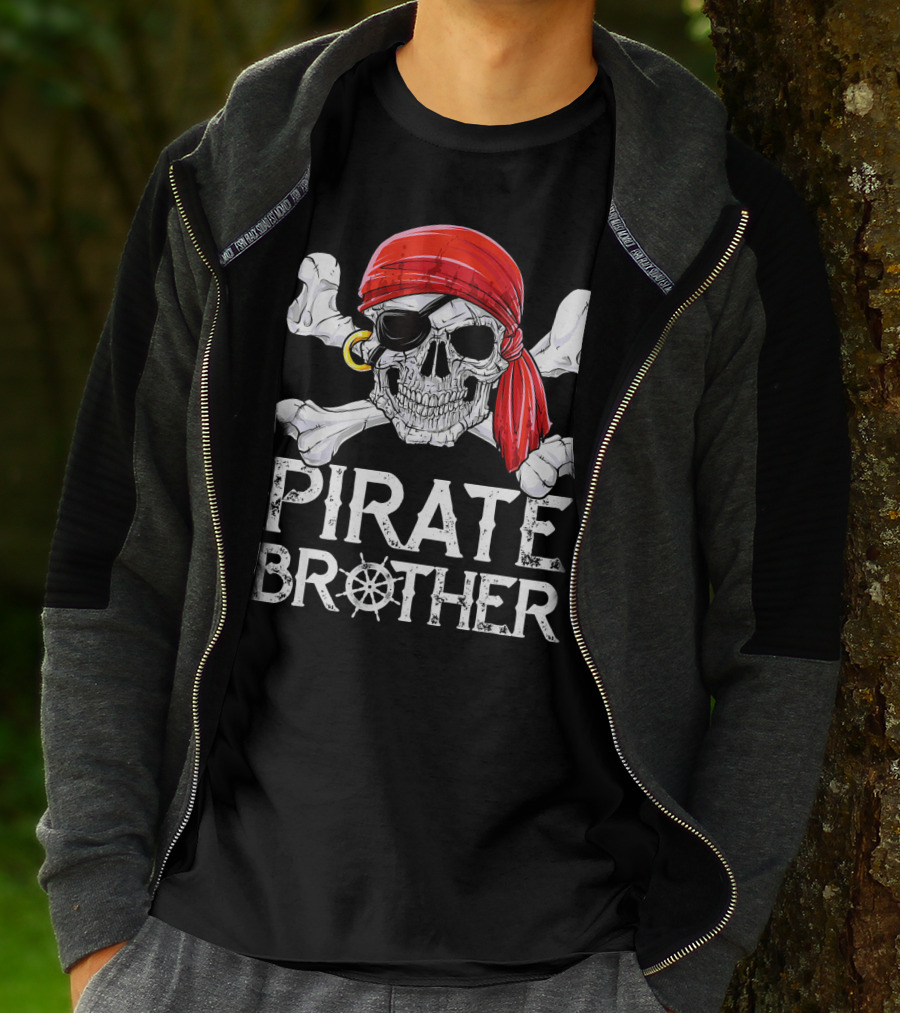 Pirate Brother Skull With Eyepatch And Red Bandana Jolly Roger Flag T-Shirt