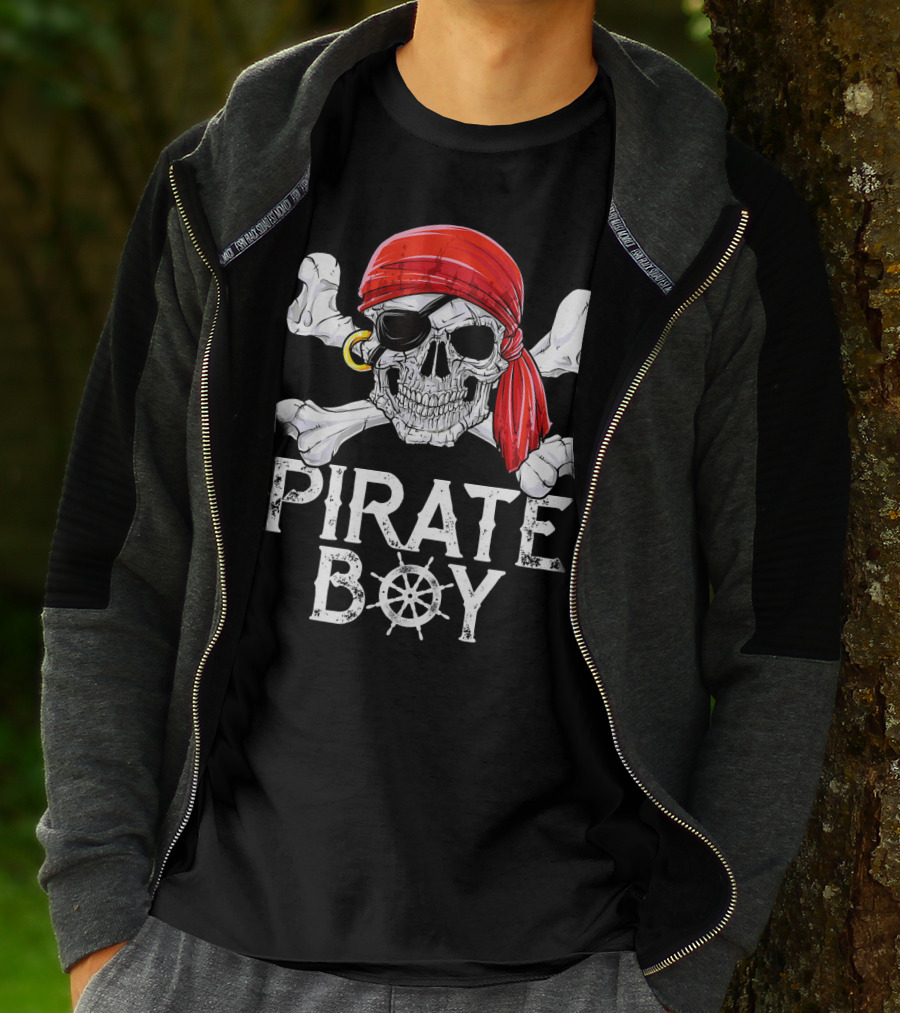 Pirate Boy Jolly Roger Skull With Red Bandana And Crossbones T-Shirt