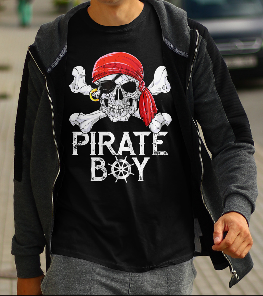 Pirate Boy Jolly Roger Skull With Red Bandana And Crossbones T-Shirt