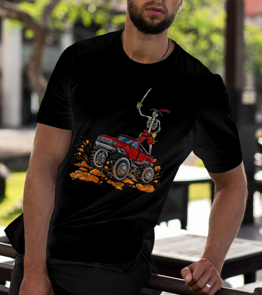 Halloween Skeleton Pirate Riding Monster Truck Over Pumpkins T-Shirt