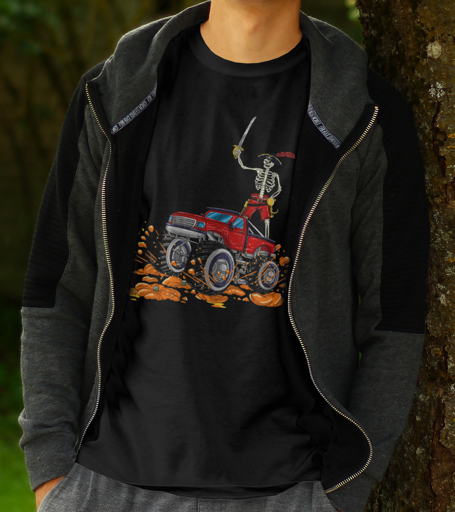 Halloween Skeleton Pirate Riding Monster Truck Over Pumpkins T-Shirt