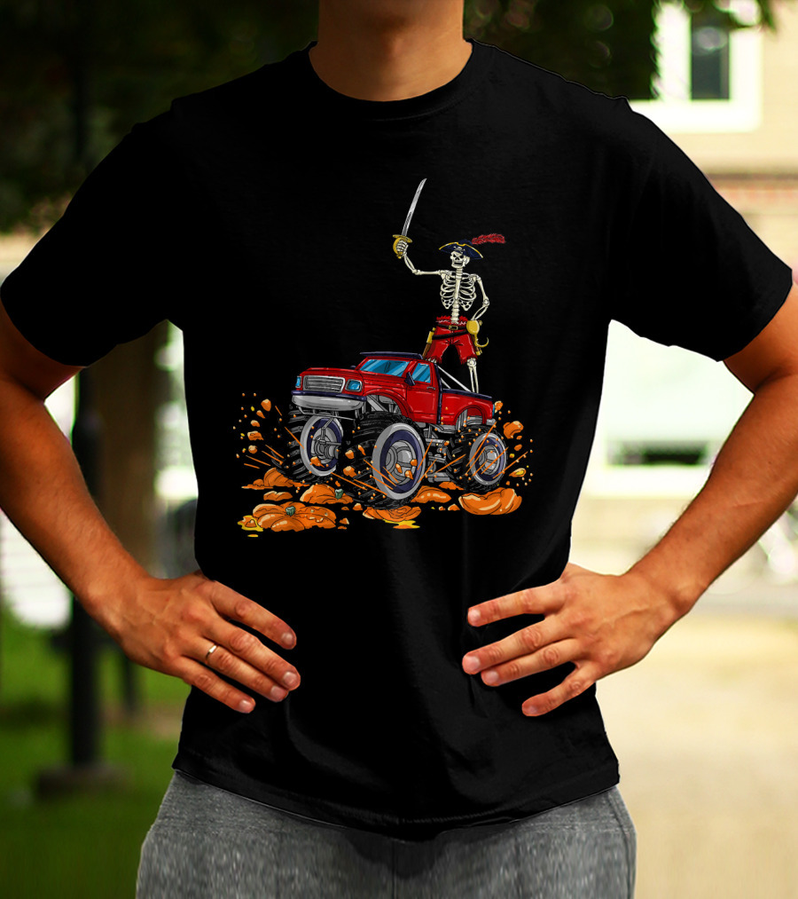 Halloween Skeleton Pirate Riding Monster Truck Over Pumpkins T-Shirt