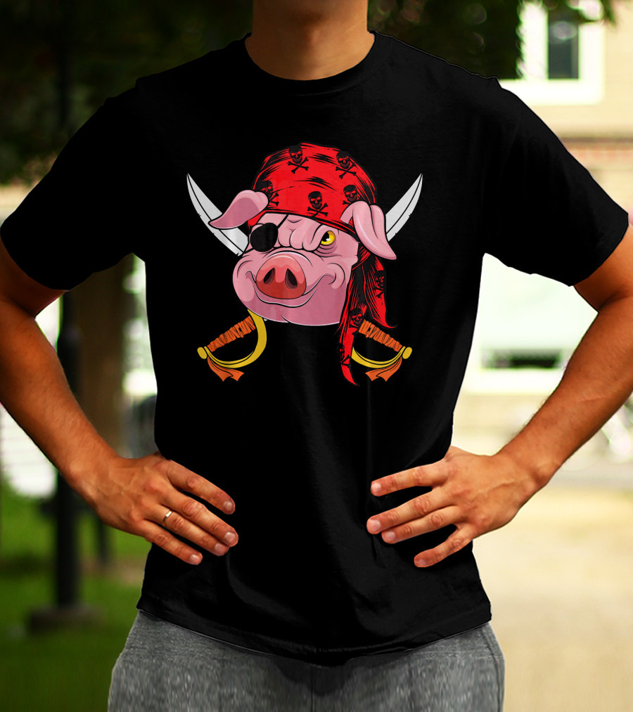 Pirate Pig With Eye Patch And Swords Halloween Costume T-Shirt