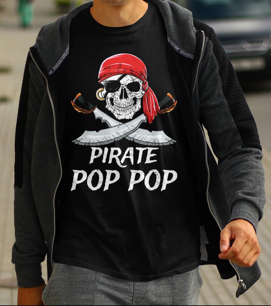 Pirate Pop Pop Skull With Red Bandana And Crossed Swords T-Shirt