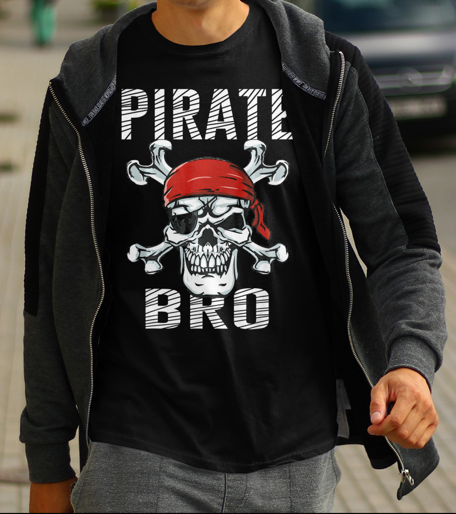 Pirate Bro Skull With Crossbones And Red Bandana T-Shirt