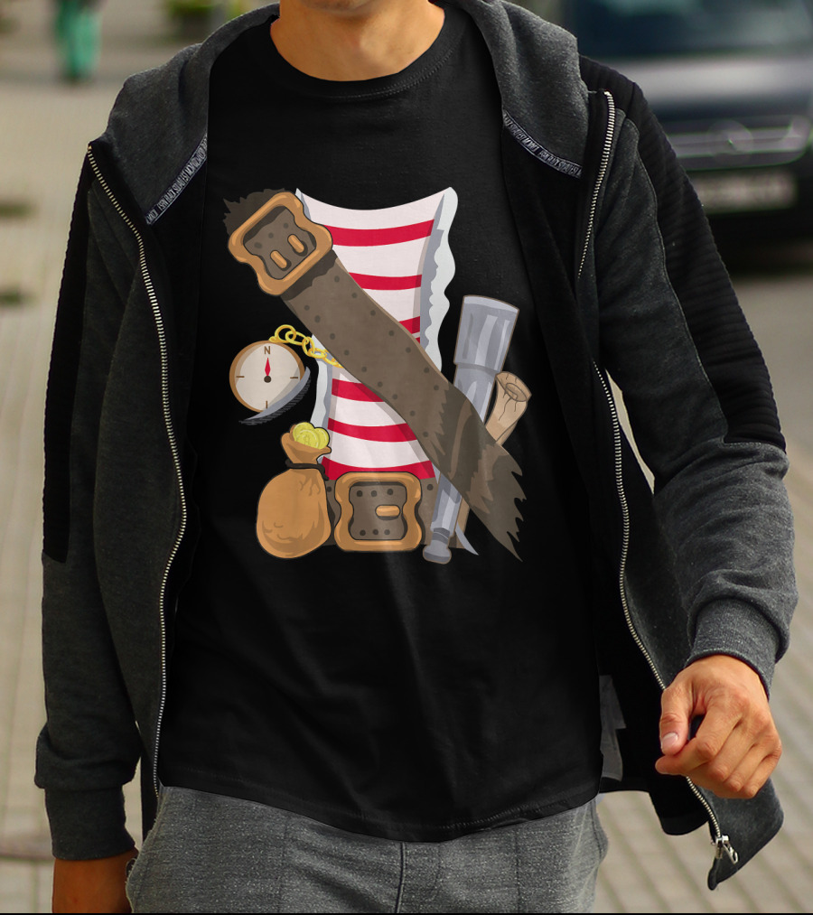 Kids Pirate Buccaneer Striped Shirt With Compass And Treasure Elements T-Shirt