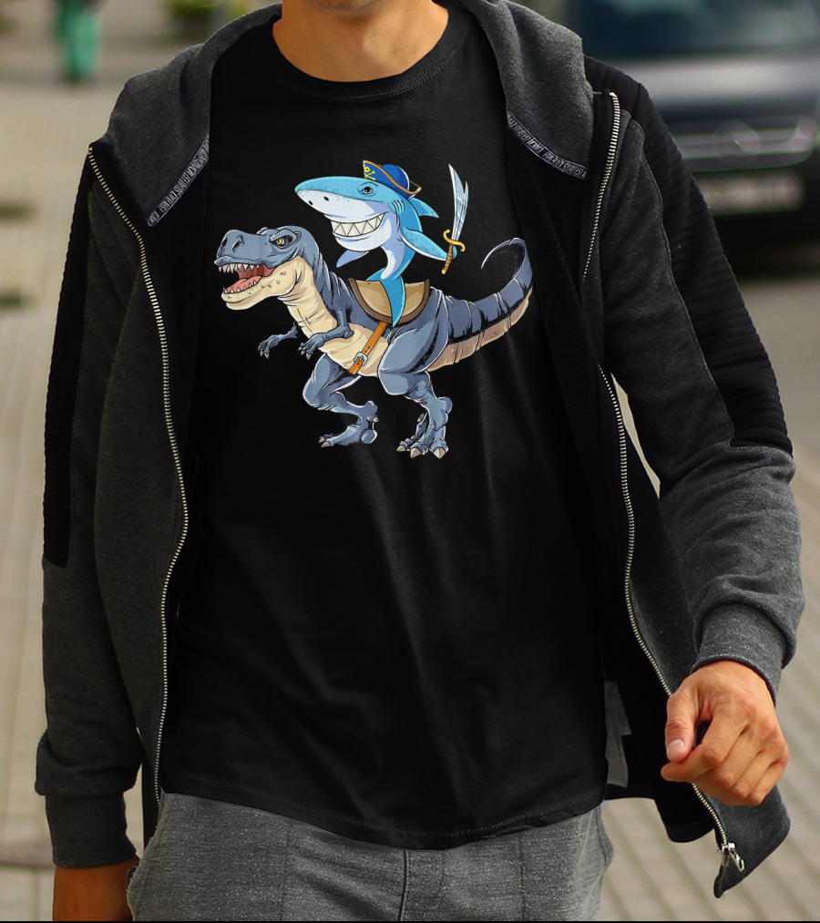 Shark Riding Dinosaur Rex Pirate With Sword T-Shirt