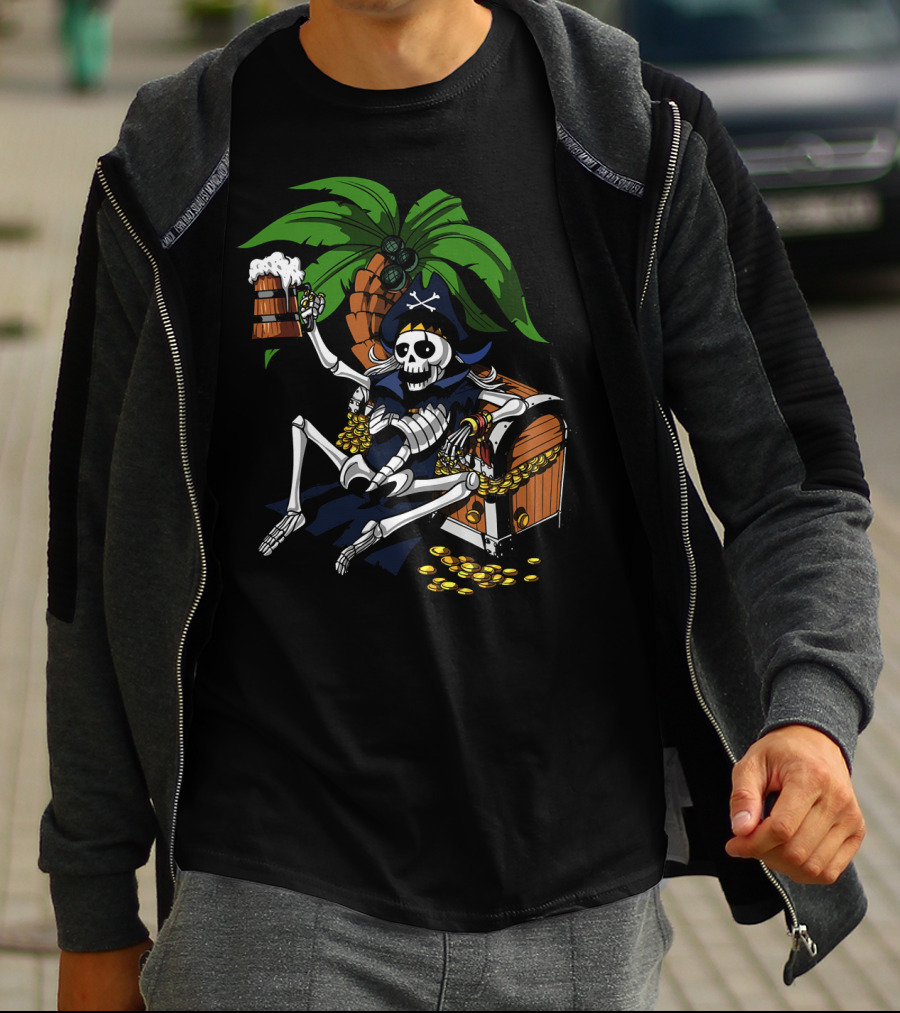 Skeleton Pirate Toasting With Treasure Chest Palm Tree Scene T-Shirt