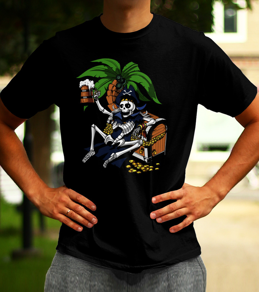 Skeleton Pirate Toasting With Treasure Chest Palm Tree Scene T-Shirt