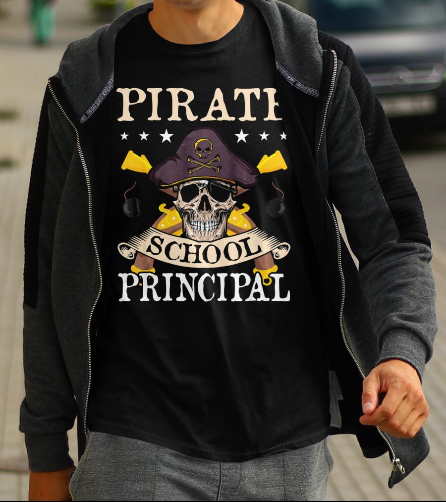 Pirate Skull Crossbones Hat School Principal Banner Swords Bombs T-Shirt