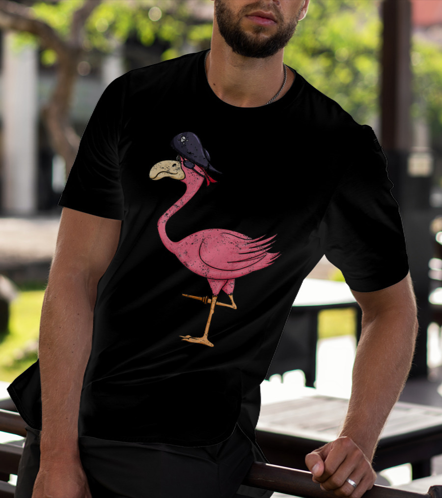 Vintage Pink Flamingo Pirate With Eyepatch And Skull Hat T-Shirt