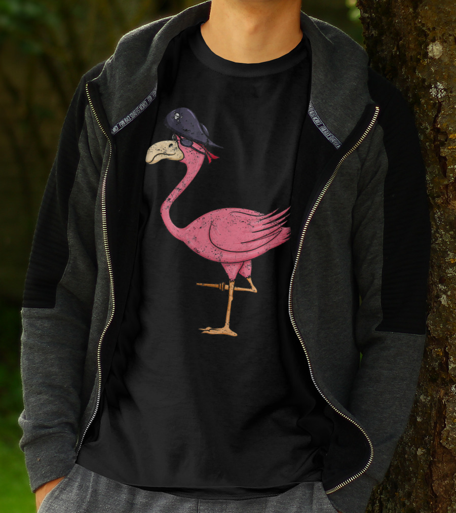 Vintage Pink Flamingo Pirate With Eyepatch And Skull Hat T-Shirt