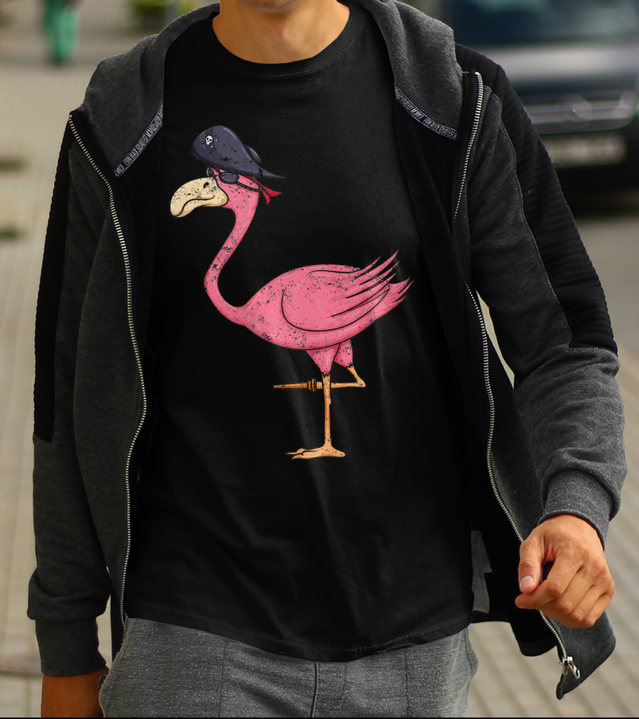 Vintage Pink Flamingo Pirate With Eyepatch And Skull Hat T-Shirt
