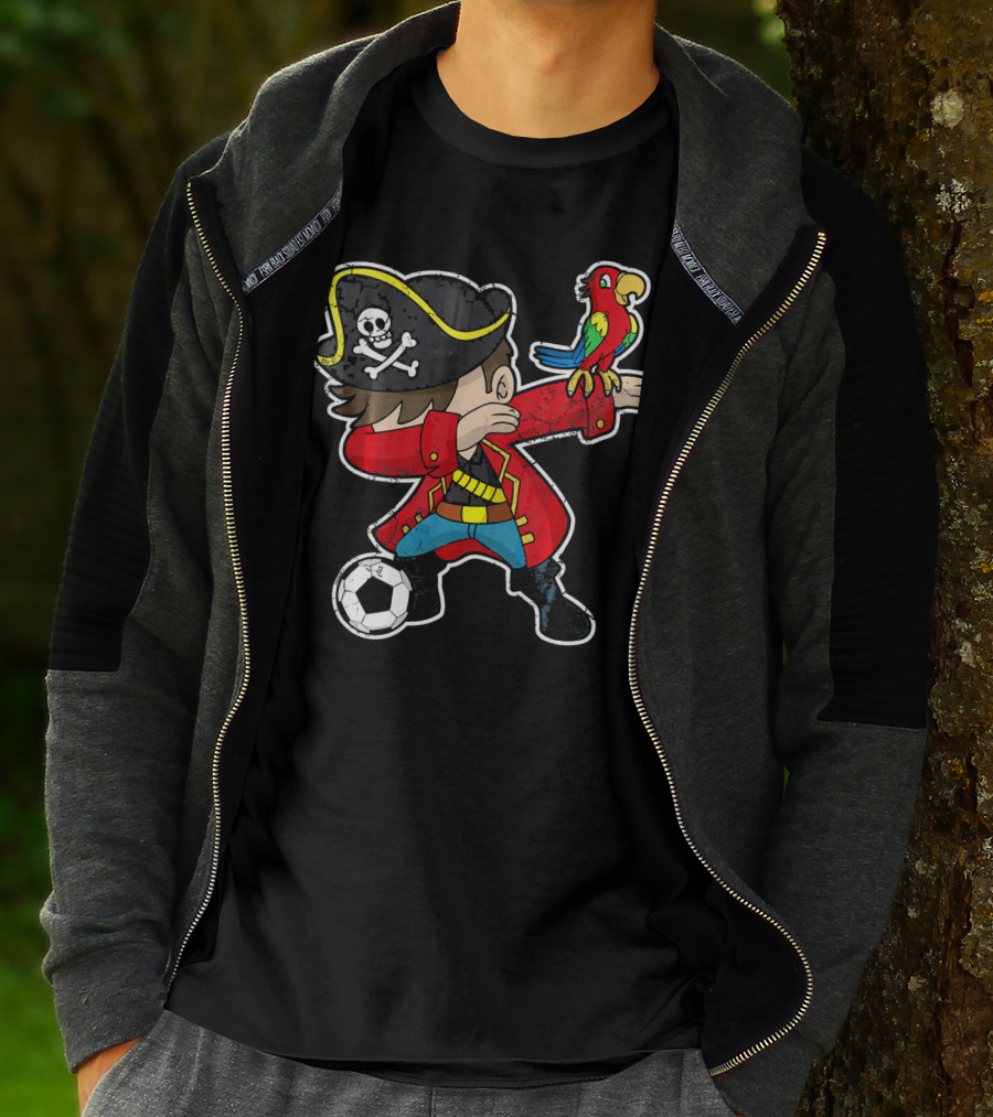 Dabbing Soccer Pirate With Parrot And Skull Hat T-Shirt