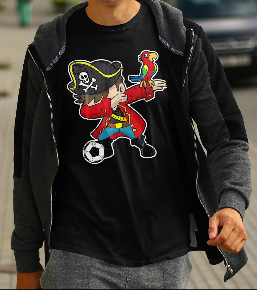 Dabbing Soccer Pirate With Parrot And Skull Hat T-Shirt
