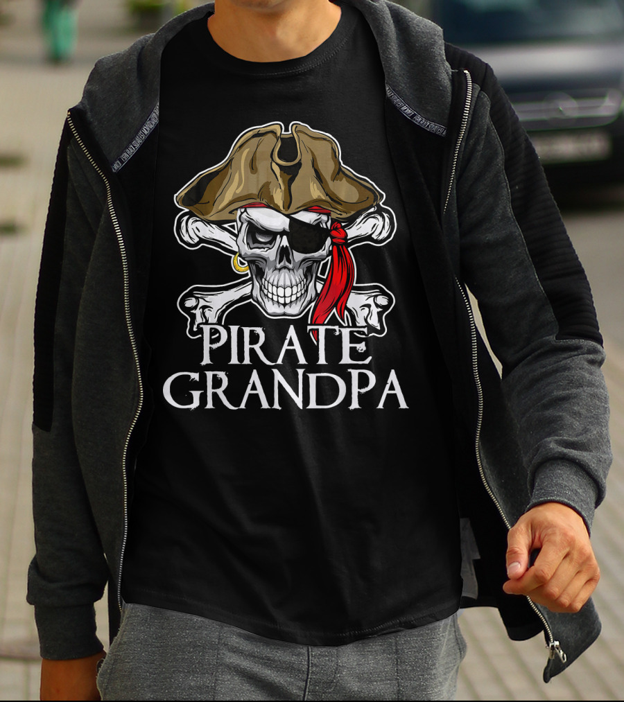 Pirate Grandpa Skull Crossbones Hat Eye Patch Red Bandana T-Shirt