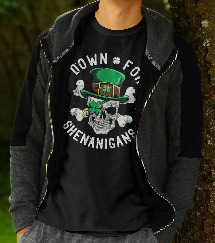 Down For Shenanigans Skull With Clover Hat St Patricks T-Shirt