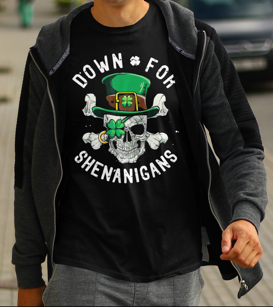 Down For Shenanigans Skull With Clover Hat St Patricks T-Shirt