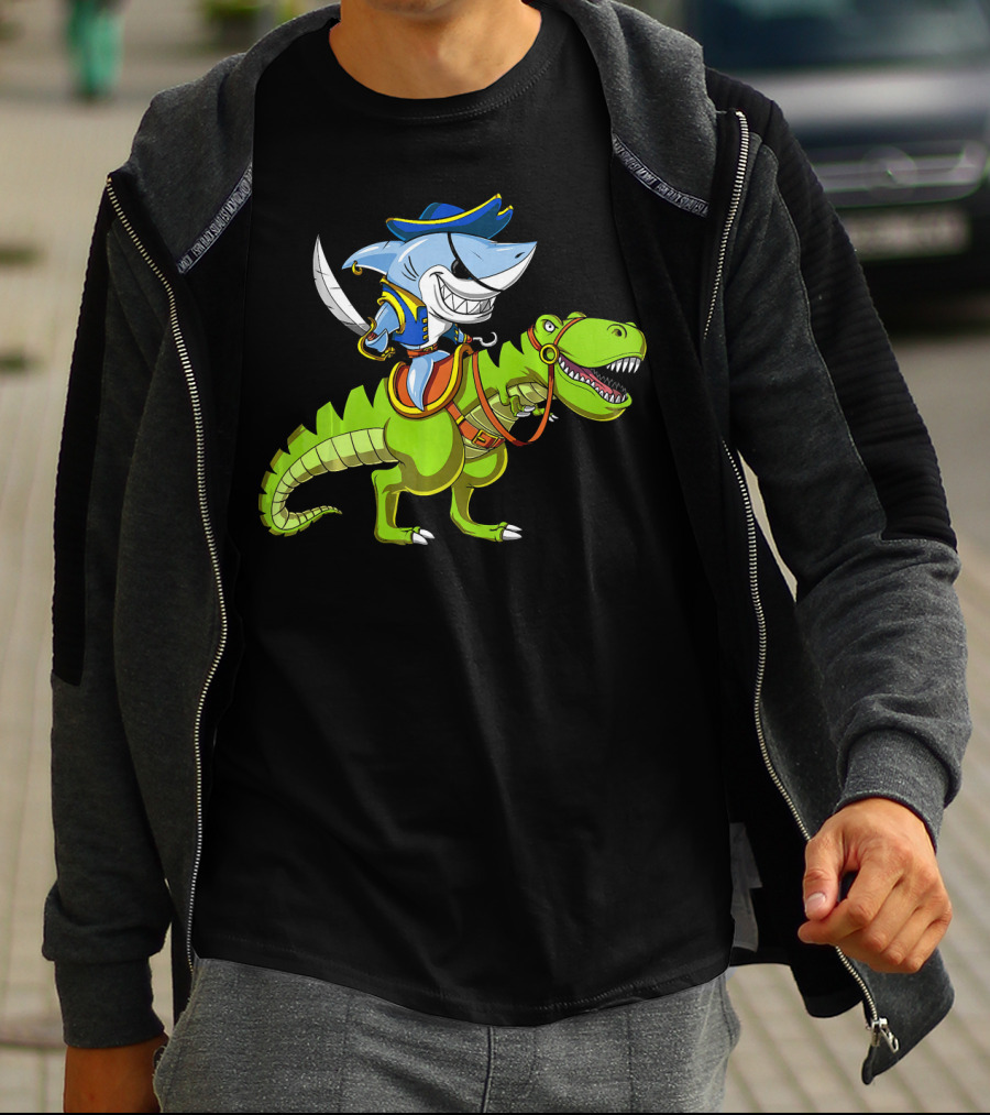 Shark Pirate On T-Rex Dinosaur T-Shirt