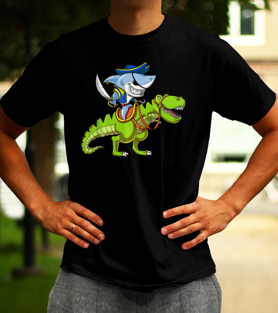 Shark Pirate On T-Rex Dinosaur T-Shirt