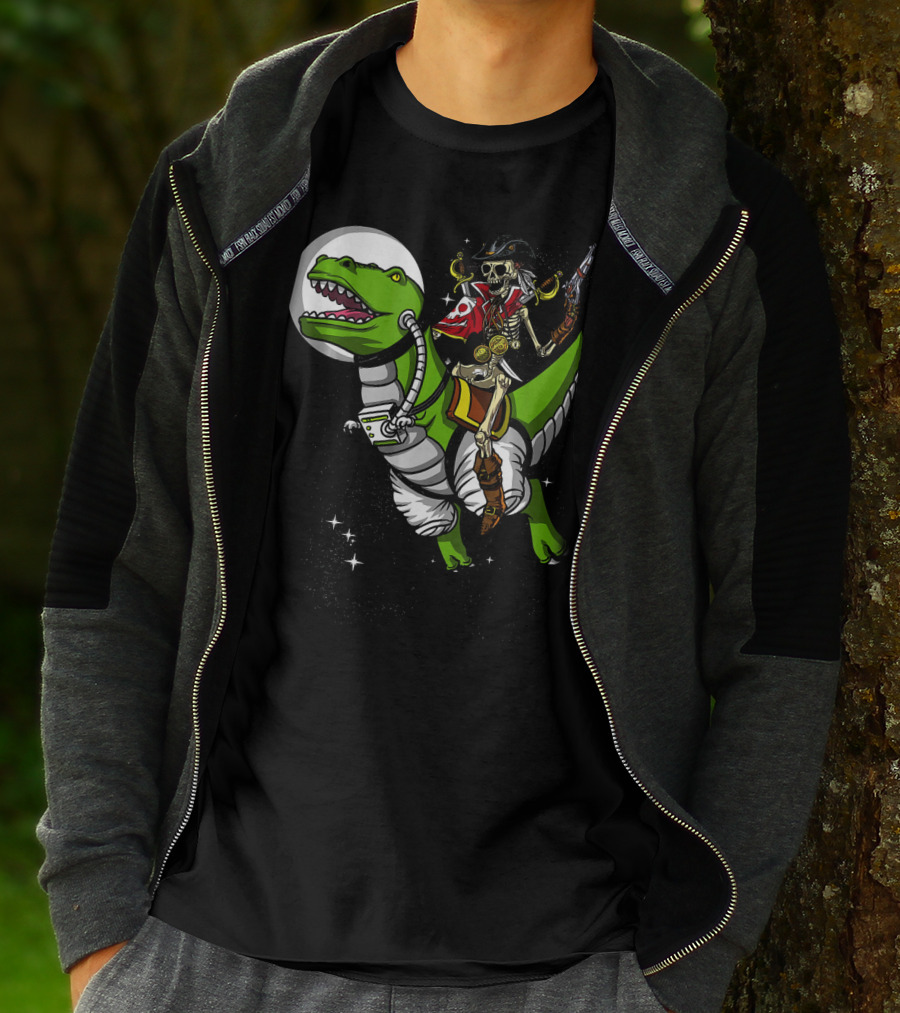 Skeleton Pirate Riding T-Rex Dinosaur With Spacesuit And Blaster T-Shirt