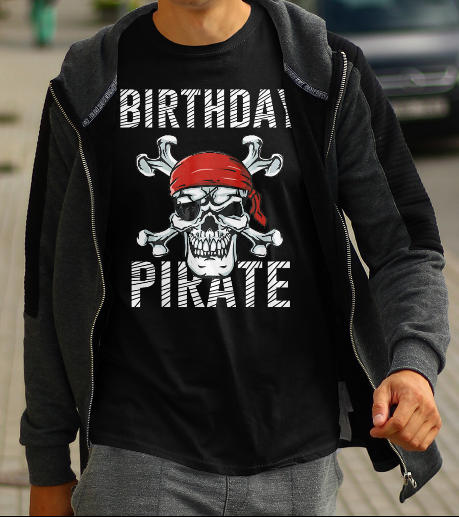BIRTHDAY PIRATE Skull With Red Bandana And Crossbones T-Shirt