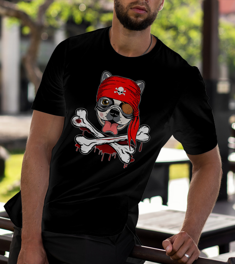 Funny Pirate French Bulldog With Skull Bandana And Crossbones T-Shirt