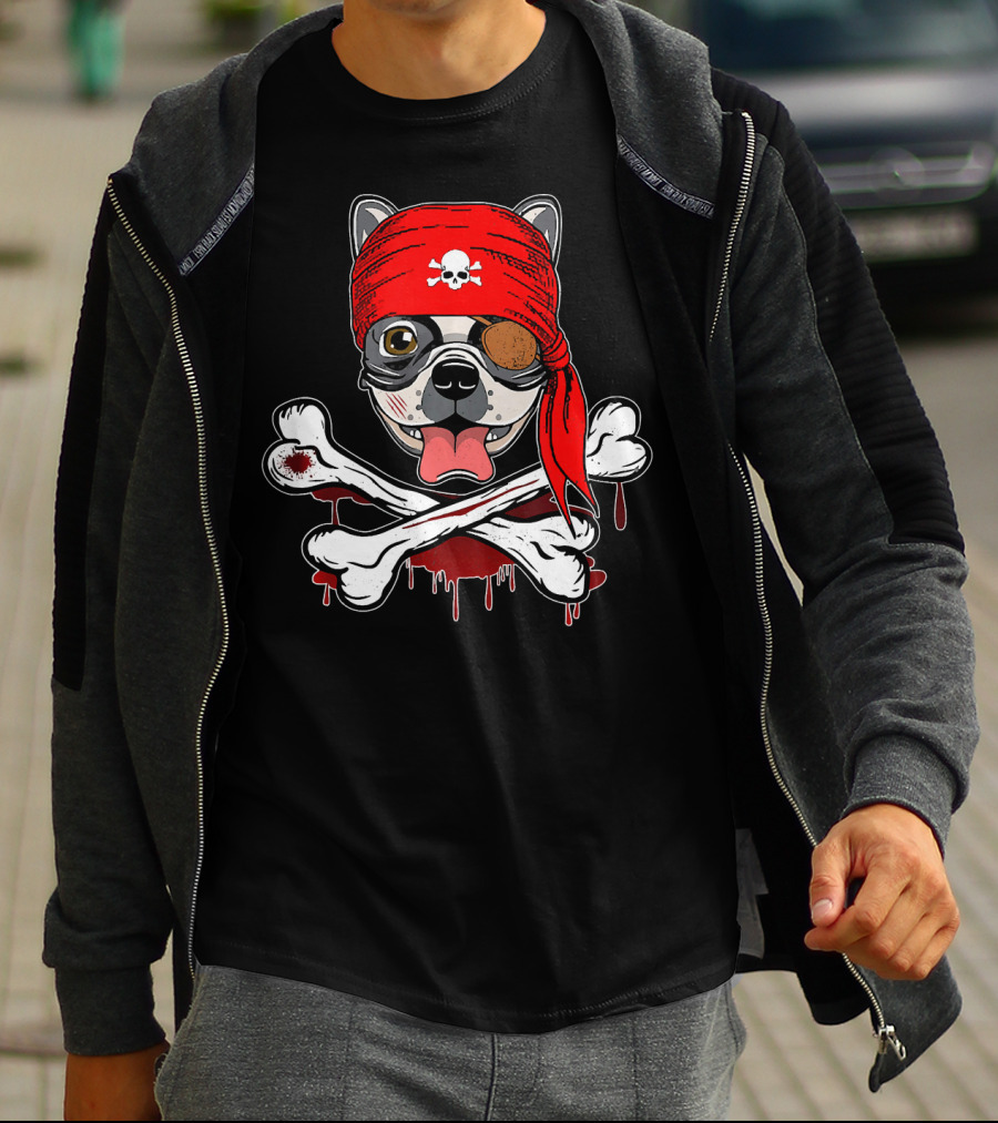 Funny Pirate French Bulldog With Skull Bandana And Crossbones T-Shirt