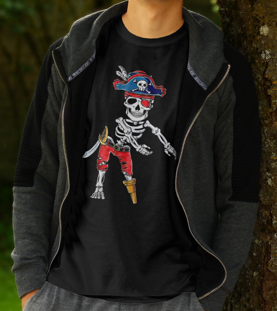 Pirate Skeleton Flossing Dance Red Pants Skull Hat Eyepatch Sword T-Shirt