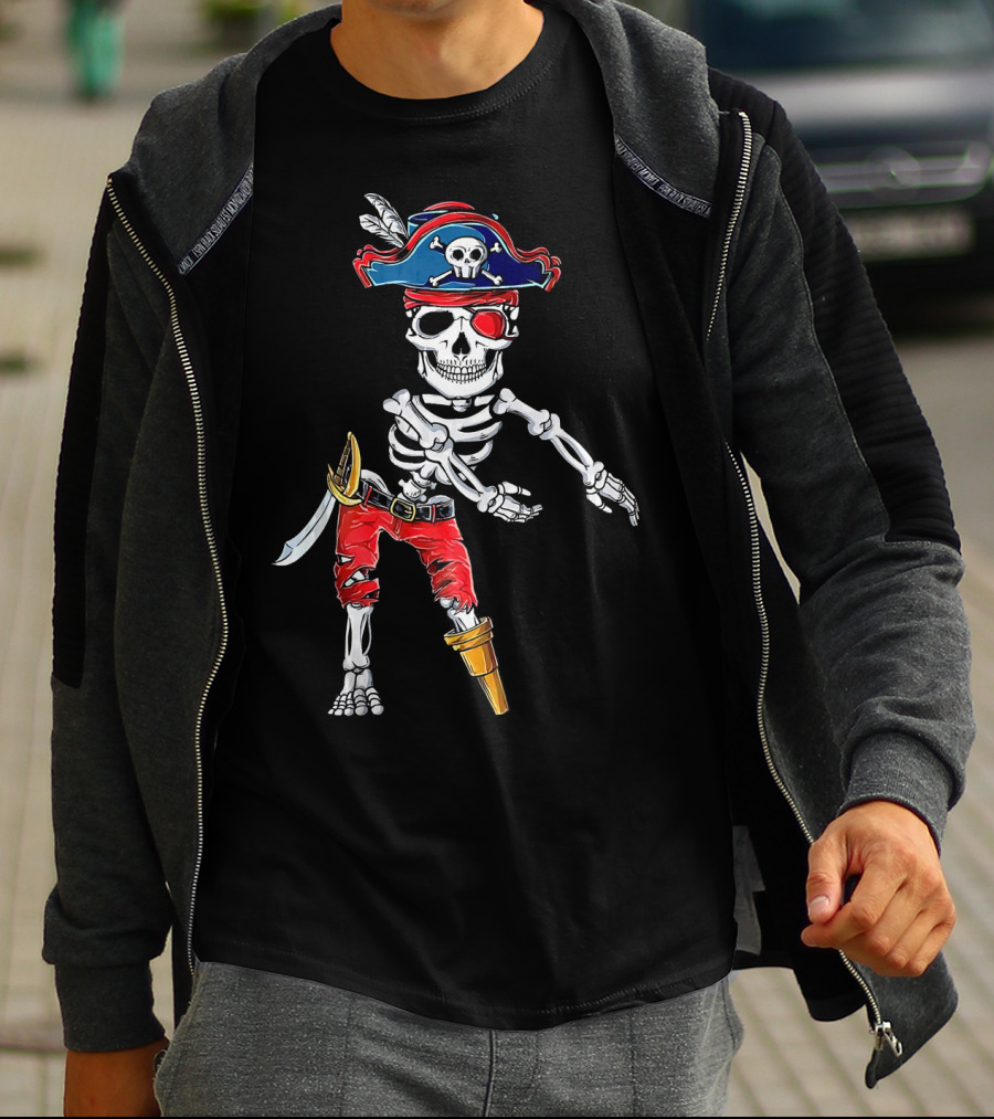 Pirate Skeleton Flossing Dance Red Pants Skull Hat Eyepatch Sword T-Shirt