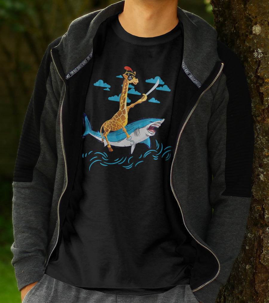 Giraffe Pirate Riding Shark With Sword Adventure T-Shirt