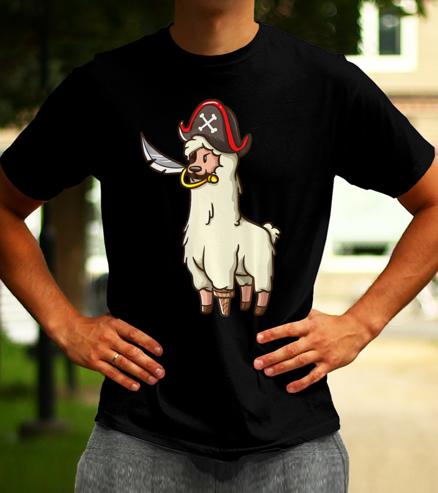 Pirate Llama With Hat And Sword Halloween Party T-Shirt