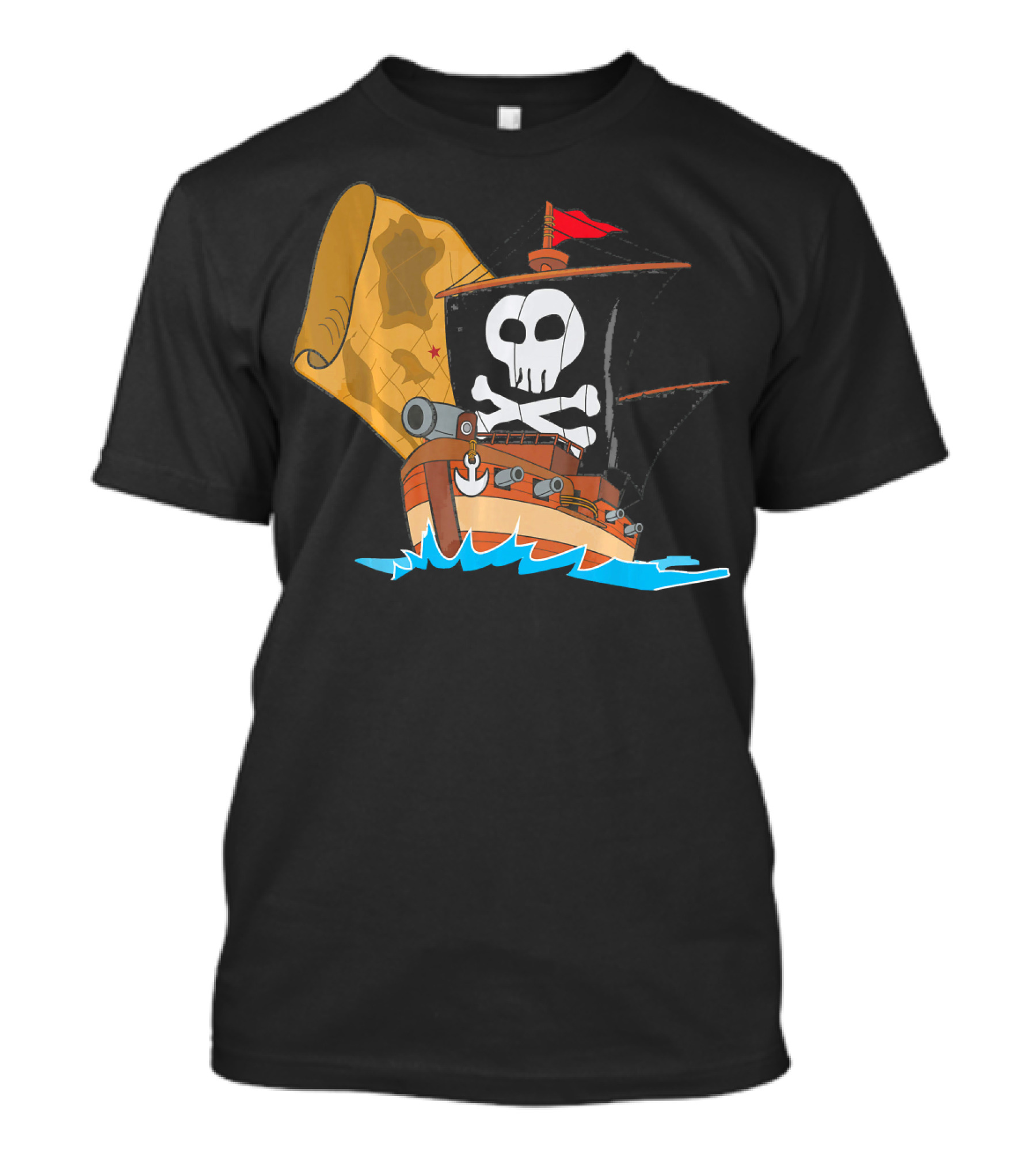 Pirate Ship With Jolly Roger And Treasure Map T-Shirt