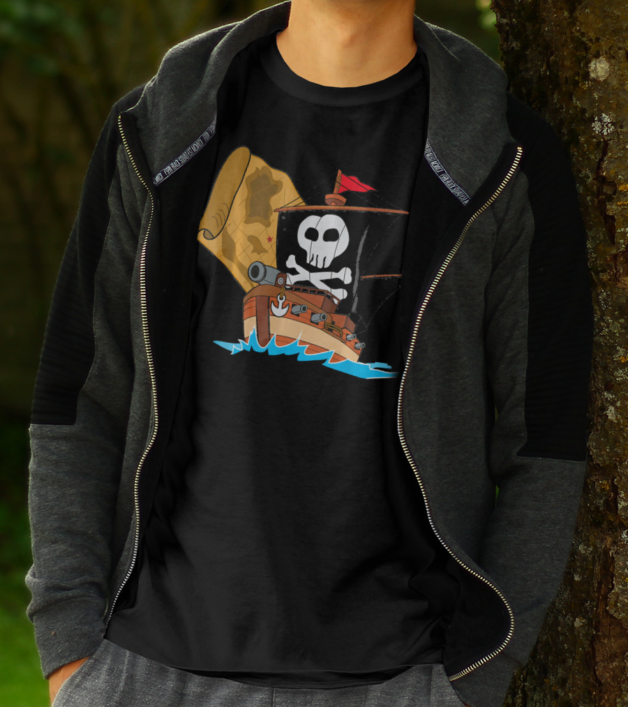 Pirate Ship With Jolly Roger And Treasure Map T-Shirt