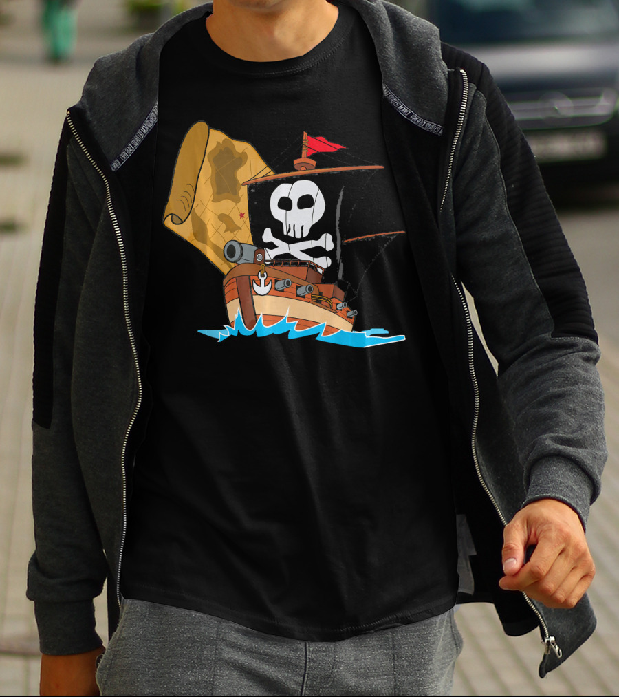 Pirate Ship With Jolly Roger And Treasure Map T-Shirt