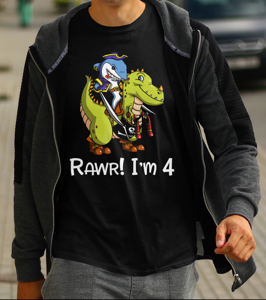 Rawr Dinosaur Shark Pirate Birthday Party I'm 4 T-Shirt