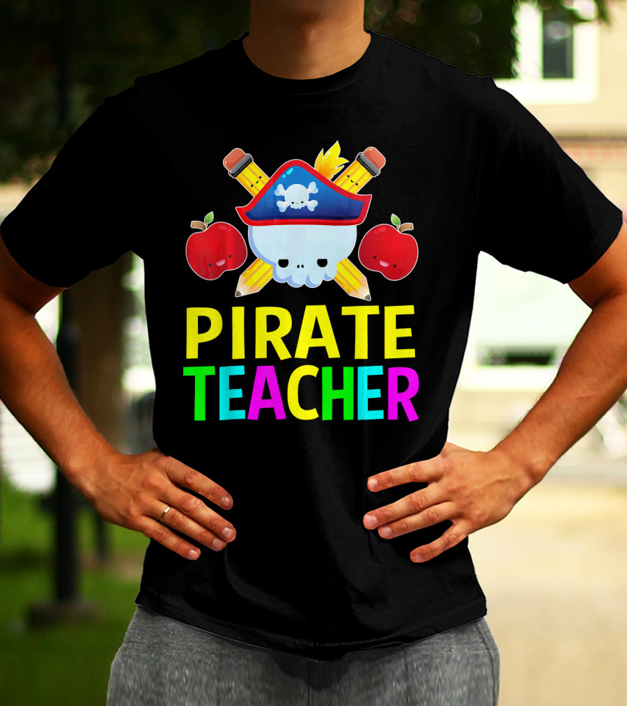 Pirate Teacher Halloween Costume Skull Pencils Apples T-Shirt