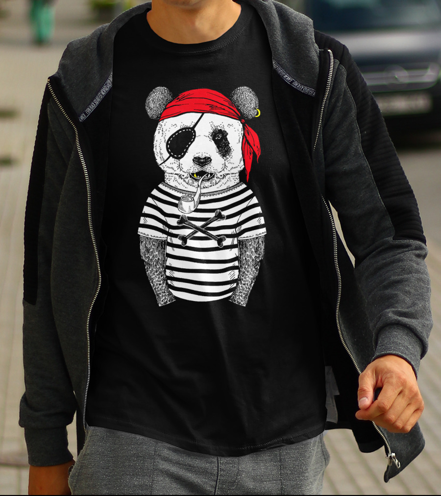 Panda Bear Pirate Wearing Striped Shirt With Red Bandana And Eye Patch T-Shirt