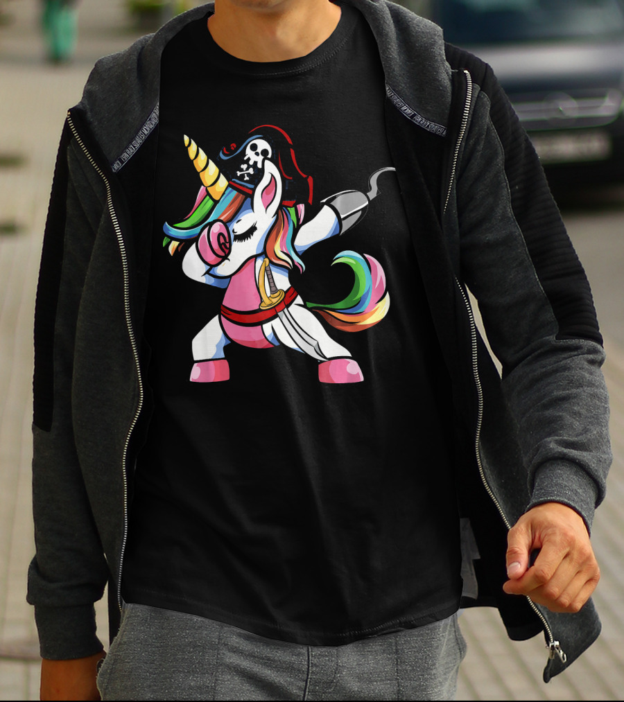 Halloween Dabbing Pirate Unicorn With Rainbow Mane And Hook T-Shirt