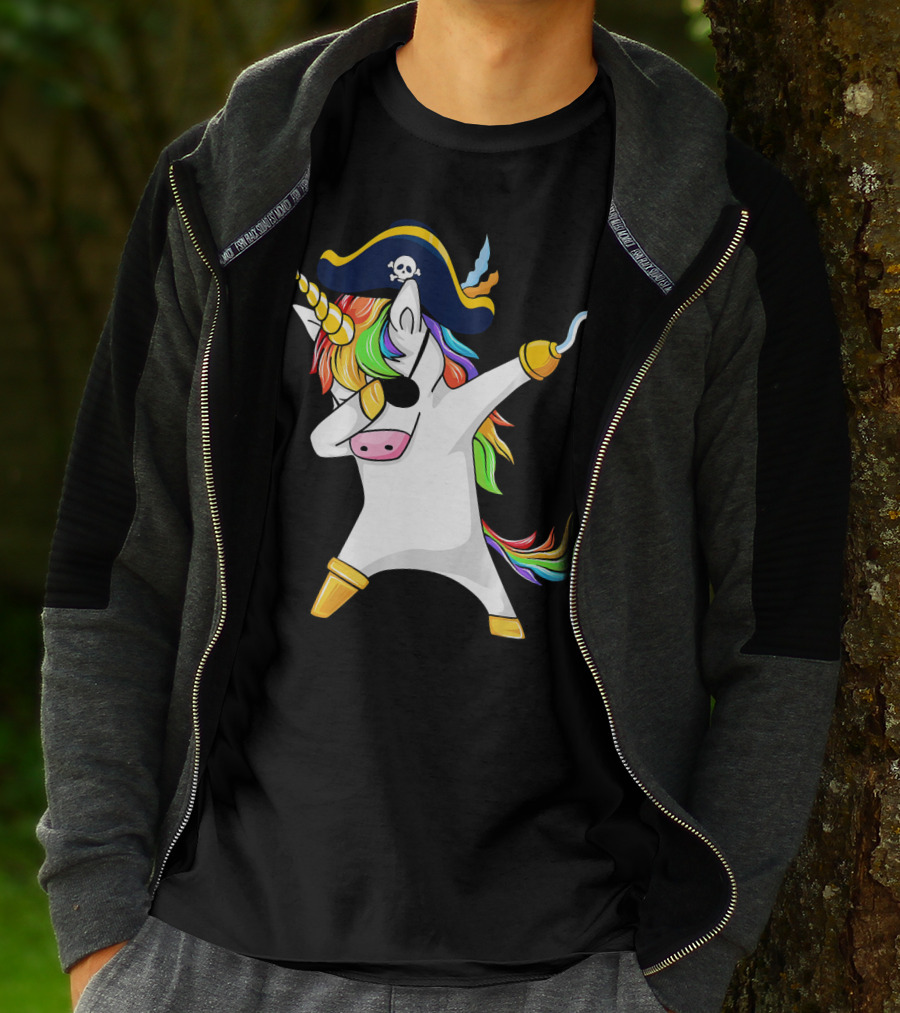 Funny Dabbing Unicorn Pirate With Rainbow Hair And Skull Hat T-Shirt