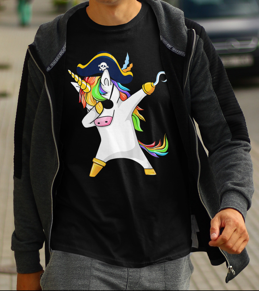 Funny Dabbing Unicorn Pirate With Rainbow Hair And Skull Hat T-Shirt