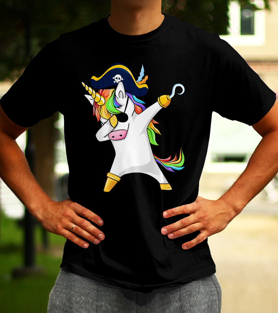 Funny Dabbing Unicorn Pirate With Rainbow Hair And Skull Hat T-Shirt