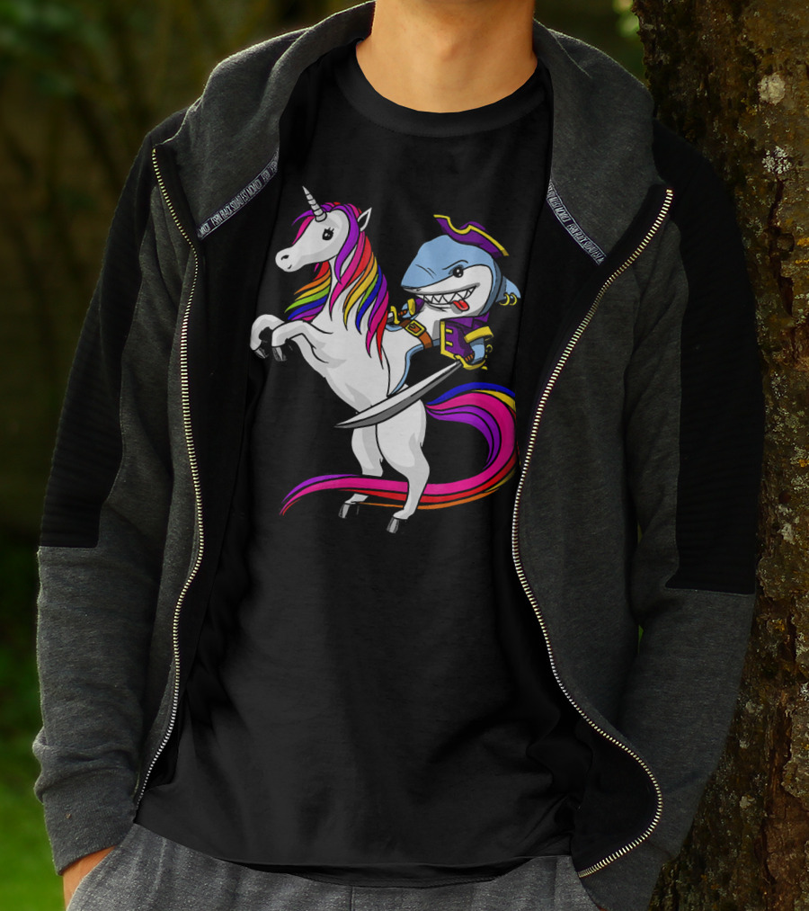 Shark Pirate Riding Rainbow Unicorn Magical Adventure T-Shirt