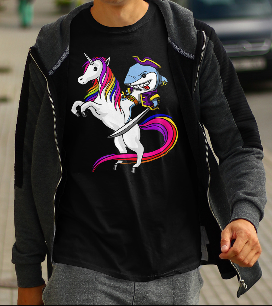 Shark Pirate Riding Rainbow Unicorn Magical Adventure T-Shirt