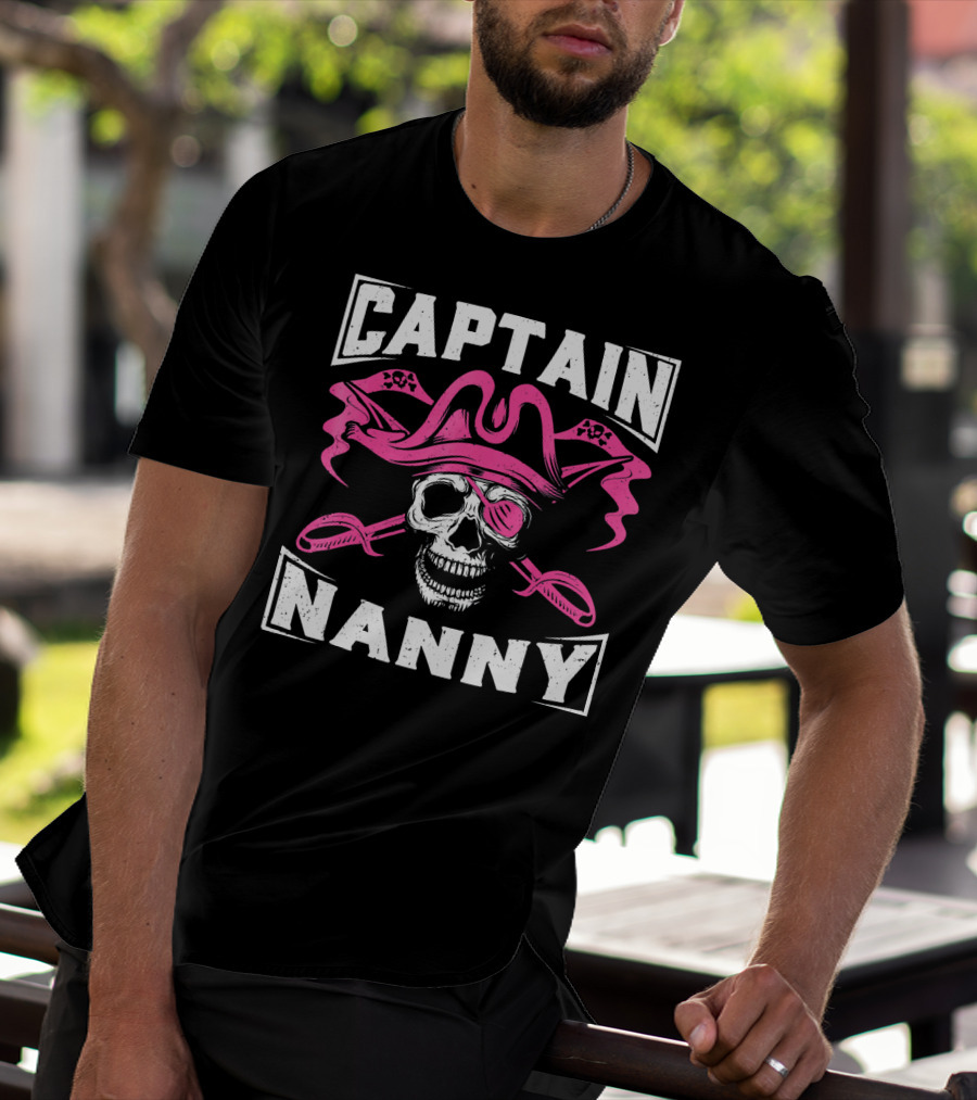 Captain Nanny Skull Pink Pirate Hat Crossed Swords T-Shirt